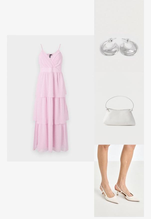 Lyserød, lagdelt maxikjole med spaghetti-stropper, der har en indpakket bodice og prikmønster i et let, tekstureret stof.; Beige patenterede læder slingback hæle med spids tå og 5 cm hæl, med udskårne sider og en tynd ankelrem.; Hvid fletlæderhåndtaske med afrundet håndtag og ender på remmen, der er knyttet, vist mod en ensfarvet baggrund.; Et par polerede sølv halvmåneformede hoop øreringe med klare plastikbagsider på en hvid overflade.