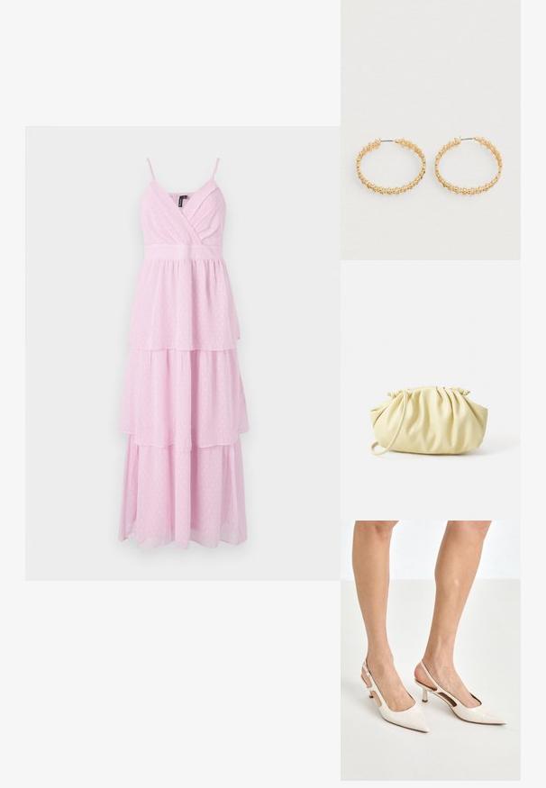 Lyserød, lagdelt maxikjole med spaghetti-stropper, der har en indpakket bodice og prikmønster i et let, tekstureret stof.; Beige patenterede læder slingback hæle med spids tå og 5 cm hæl, med udskårne sider og en tynd ankelrem.; Gul plisseret håndtaske lavet af glat kunstlæder, med en blød form, en enkelt skulderrem og samlet topdesign.; Guld øreringe i hoop-stil med et tekstureret design prydet med små, runde perler langs den ydre kant. Letvægtige med en sikker lukning.