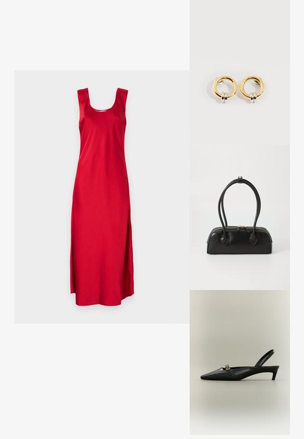 Rode, mouwloze maxi-jurk met een vierkante halslijn en zij-splitten. Gemaakt van soepele stof, met een eenvoudig, gestroomlijnd ontwerp.; Zwarte lederen slingback kitten heel met puntige neus en klein gouden gespsluiting op een effen achtergrond.; Zwarte leren handtas met twee verlengde handvatten, ritsluiting en ronde vorm; gladde textuur met subtiele glanzende afwerking.; Gouden ronde oorbellen met aan elke oorbel twee kleine zilveren ringetjes, met subtiele gegraveerde merknamen, geplaatst op een witte achtergrond.
