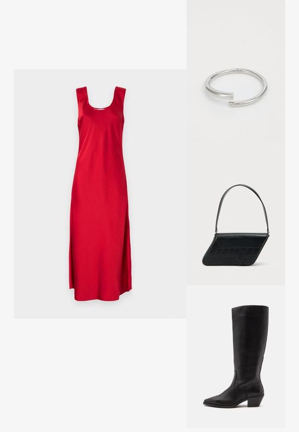 Vestido maxi sin mangas de color rojo con escote cuadrado y aberturas laterales. Hecho de una tela suave, que muestra un diseño simple y aerodinámico.; Bota de cuero negra hasta la mitad de la pantorrilla con puntera puntiaguda y tacón bajo inclinado sobre un fondo claro y liso.; Bolso de hombro de cuero negro con forma triangular, logo en relieve y una sola correa ajustable. Diseño minimalista con textura suave.; Calvin Klein SPIRAL - Pulsera - silver-coloured