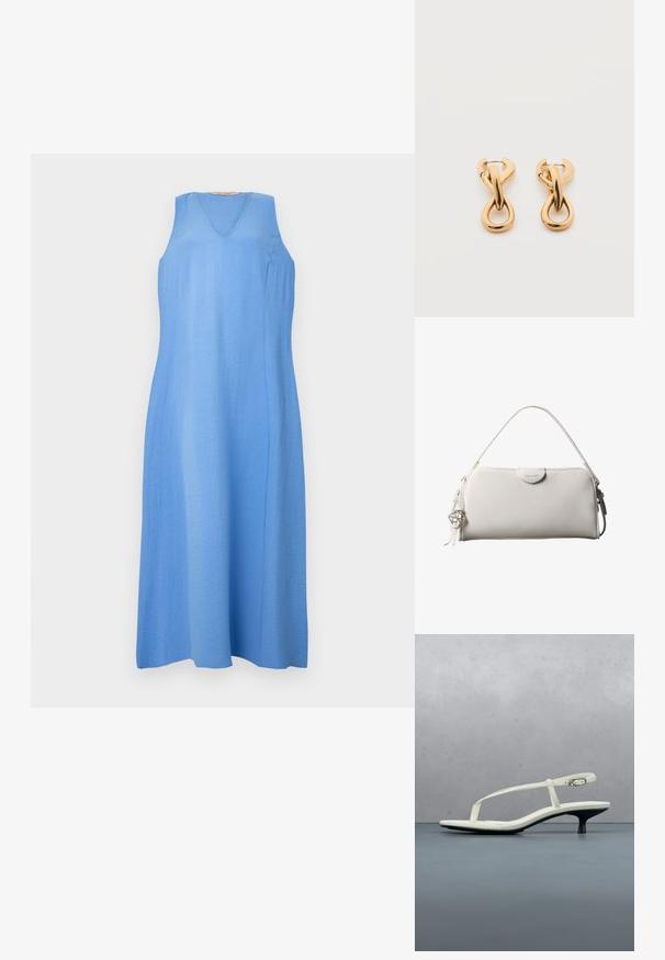Vestido sin mangas de color azul claro, con escote en V, corte recto, tejido texturizado y una forma fluida que termina por debajo de la rodilla. Sin patrones visibles ni herrajes.; Sandalia blanca de tacón kitten con tiras y punta afilada, flotando sobre un suelo de baldosas de madera al aire libre, con un fondo desenfocado de plantas y pared.; Bolso rectangular blanco de Calvin Klein con un solo asa, diseño minimalista y borlas decorativas con un charm metálico geométrico en el lateral.; Par de pendientes de aro con acabado dorado brillante sobre fondo blanco liso, con diseño entrelazado y torsionado.
