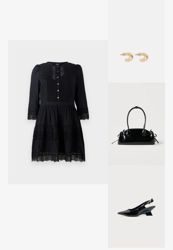 Sort kjole med lange ærmer, knaplukning foran, blonder og tieret design. Har struktureret bundkant og blød stoffinish.; Sort laklæder slingback sko med spids tå og lav vinklet blokhæl på ensartet lys baggrund.; Lille sort blank håndtaske med to lange håndtag og snøre-detaljer i siden på en ensfarvet lys baggrund.; Guld halvmåneformede øreringe med en glat overflade, der har orange accenter nær stiften og sølv hardware.