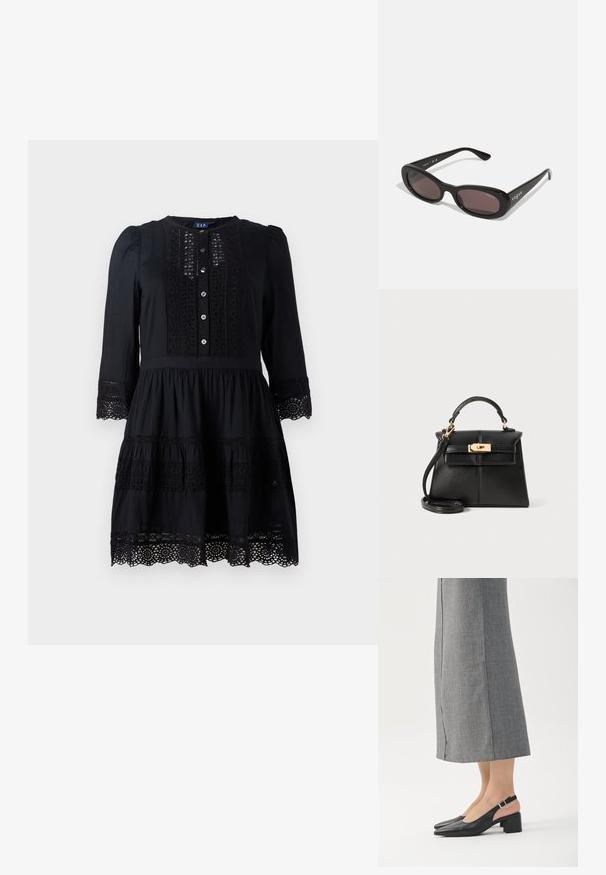 Sort kjole med lange ærmer, knaplukning foran, blonder og tieret design. Har struktureret bundkant og blød stoffinish.; Sorte læder slingback sko med spids tå, blokhæl og kontrasterende lyserød hælafslutning. Glat tekstur med minimalistisk design.; Sorte solbriller med ovale rammer, mørkt tonede linser og "vogue" trykt i hvidt på de ydre arme. Glat plastmateriale.; Sort læderhåndtaske med en struktureret design, topstrop, aftagelig rem og hårdvarer i guldtonede på en magnetisk lukning.