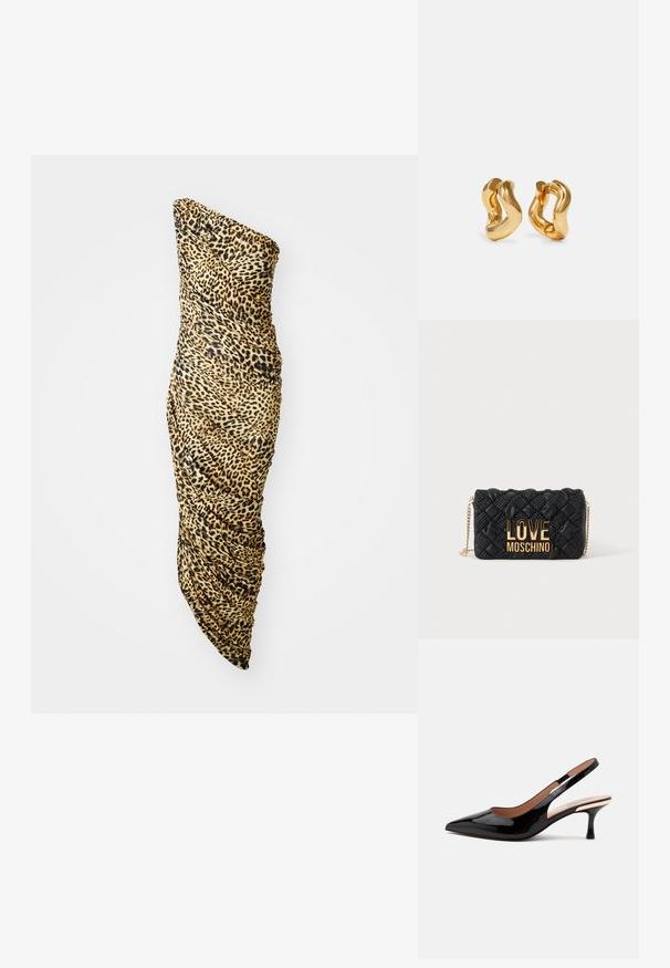 Tog med én skulder lavet af blødt stof med et leopardmønster i beige, sort og brun, med rynkede detaljer langs den ene side.; Sort laklæder slingback pumpe med spids tå og lav kitten hæl på en ens hvid baggrund.; Sort quiltet crossbody taske med guldkæde-rem og stort guld "LOVE MOSCHINO" logo foran.; Guldtonede hoops øreringe med et bølget design, der har en glat, blank overflade og en strømlinet form. Ingen synlige spænder.