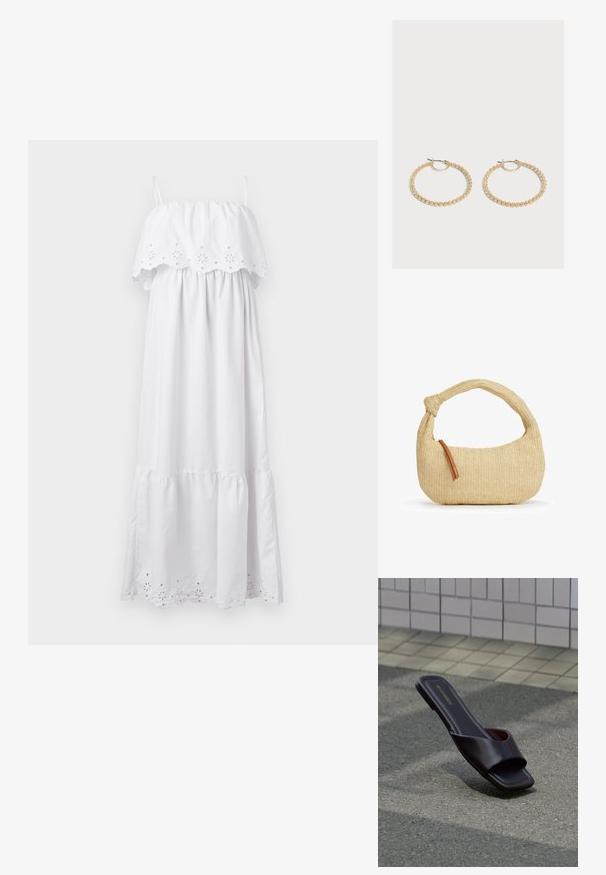 Weißes Maxikleid mit elastischem Off-Shoulder-Oberteil, bestickten floralen Details und schichtschichtigem, Rüschensaum. Aus leichtem Stoff gefertigt.; Dunkelbraune offene Sandale mit quadratischer Spitze und breitem Riemen, liegend auf grauem Asphalt neben gefliestem Bürgersteig.; Beige gewebte Hobo-Tasche mit dickem geknotetem Griff und kleinem braunen Leder-Reißverschlussanhänger an der Seite.; Paar mittelgroße goldene Creolen mit einem strukturierten, perlenbesetzten Design auf einfachem hellem Hintergrund.