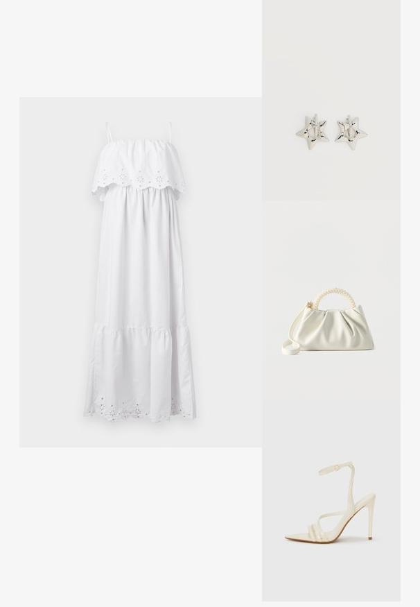 Weißes Maxikleid mit elastischem Off-Shoulder-Oberteil, bestickten floralen Details und schichtschichtigem, Rüschensaum. Aus leichtem Stoff gefertigt.; Beige Sandaletten mit hohem Absatz und spitzer Schuhspitze, ausgestattet mit drei vorderen Riemen und einem dünnen Knöchelriemen mit Schnalle. Glatte Textur, minimalistisches Design.; Kleine weiße Handtasche mit gerafftem Körper, rundem Griff, verziert mit Perlen, und abnehmbarem Schulterriemen auf einfarbigem Hintergrund.; Silberne, sternförmige Creolen mit einer glatten, polierten Oberfläche auf weißem, schlichtem Hintergrund.