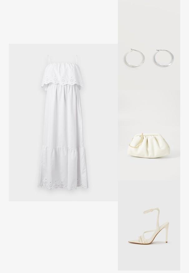 Weißes Maxikleid mit elastischem Off-Shoulder-Oberteil, bestickten floralen Details und schichtschichtigem, Rüschensaum. Aus leichtem Stoff gefertigt.; Beige Sandaletten mit hohem Absatz und spitzer Schuhspitze, ausgestattet mit drei vorderen Riemen und einem dünnen Knöchelriemen mit Schnalle. Glatte Textur, minimalistisches Design.; Weiße Lederhandtasche mit einem gerafften Design, ausgestattet mit einem goldenen Kettenriemen und einer runden Form. Glatte Textur mit sanften Falten und ohne Muster.; Silberne Metallcreolen mit glatter, leicht gebogener Oberfläche und Klappverschluss vor schlicht weißem Hintergrund.