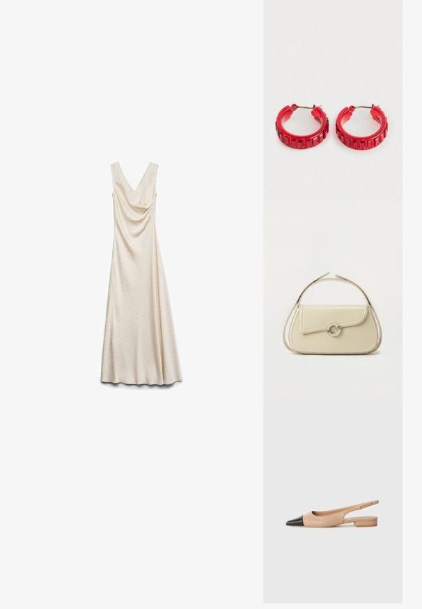 Kremfarvet ærmeløs gulvlængde kjole med subtilt, diskret mønster af små prikker over hele og draperet V-hals.; Beige læder slingback sko med sort spids tå, lav firkantet hæl og dekorativ spænde på ankelstroppen. Glat tekstur.; Cremefarvet læderhåndtaske med buet klap, cirkulært sølvspænde og kort topstrop på en ens hvid baggrund.; Et par små røde hoops øreringe med rektangulære facetterede detaljer og sølv metalclips på en hvid baggrund.