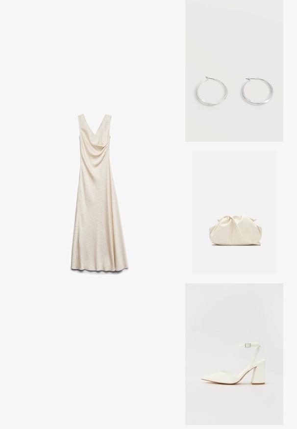 Ärmelloses cremefarbenes bodenlanges Kleid mit feinem, durchgehend kleinem Punktmuster und drapiertem V-Ausschnitt.; Weißer sandal mit Absatz und spitzem Zehenbereich, verstellbarem Knöchelriemen und chunky quadratischem Absatz. Glatte Textur mit minimalen Nähdetails.; Weiche, cremefarbene Leder-Clutch mit gerafftem Design und einem dünnen Schulterriemen, der vorne auf einem schlichten Hintergrund liegt.; Silberne Metallcreolen mit glatter, leicht gebogener Oberfläche und Klappverschluss vor schlicht weißem Hintergrund.