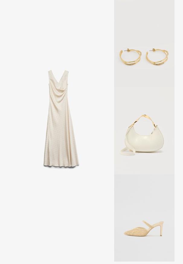 Robe longue sans manches couleur crème, avec un subtil motif de petits points sur l'ensemble et un décolleté en V drapé.; Chaussure à talons ouverte en beige avec un design pointu. Elle présente un motif de dentelle texturé et une fine bride de cheville. Talon lisse.; Sac à main crème en forme de croissant avec poignée courte brillante dorée et bandoulière longue assortie sur un fond clair uni.; Boucles d'oreilles créoles en or au design torsadé avec petits cristaux incrustés, présentées sur fond blanc.