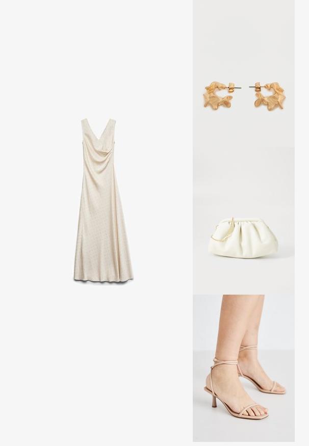 Ärmelloses cremefarbenes bodenlanges Kleid mit feinem, durchgehend kleinem Punktmuster und drapiertem V-Ausschnitt.; Nackte Riemchensandalen mit einem dünnen Knöchelriemen, einem quadratischen Zehendesign und einem kleinen Blockabsatz. Glatte Textur mit minimaler Detailgestaltung.; Weiße Lederhandtasche mit einem gerafften Design, ausgestattet mit einem goldenen Kettenriemen und einer runden Form. Glatte Textur mit sanften Falten und ohne Muster.; Ohrstecker in Goldoptik mit abstrakter, organischer Form, die eine strukturierte Oberfläche und einen Steckverschluss aufweisen.