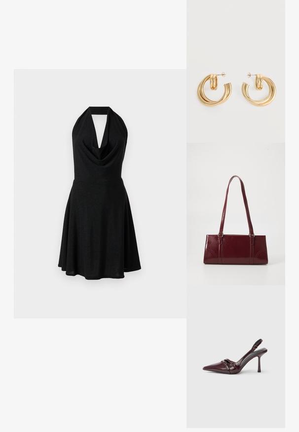 Zwarte halterjurk met een draperende halslijn, aansluitend lijfje en uitlopende rok. Gemaakt van een glanzende, gestructureerde stof.; Bordeauxrode lakleren slingback met puntige neus, dunne enkelband en kleine decoratieve gespsluiting. Gladde textuur en hoge hak.; Bourgondische handtas van glanzend materiaal, rechthoekige vorm, met twee schouderbanden en subtiele gebogen accenten aan de voorkant.; Set glanzende gouden dubbele lus oorbellen met stekertjes op een witte achtergrond.