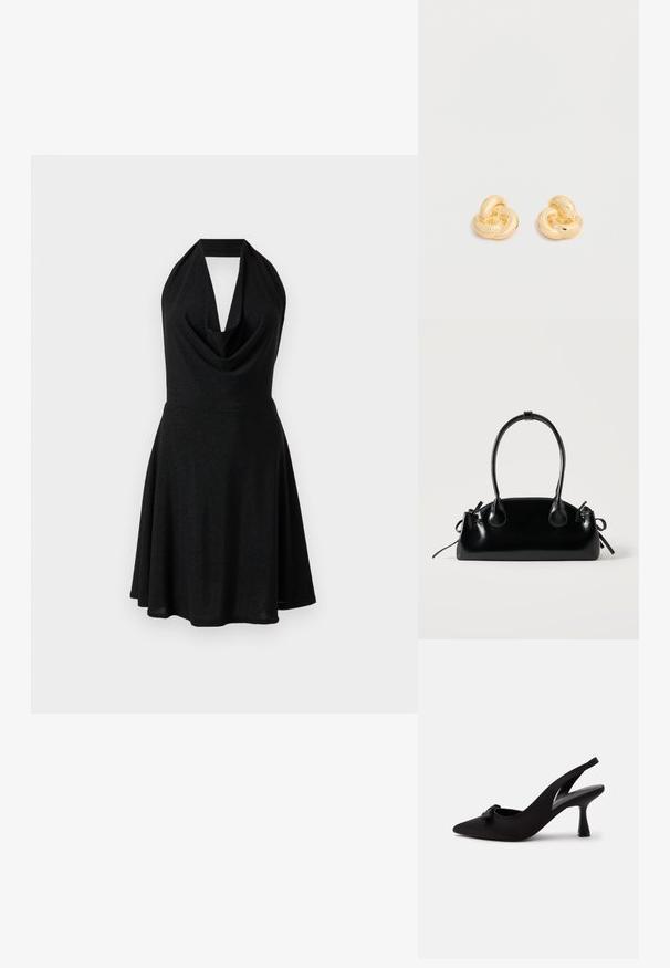 Zwarte halterjurk met een draperende halslijn, aansluitend lijfje en uitlopende rok. Gemaakt van een glanzende, gestructureerde stof.; Zwarte slingback pumps met een spits toelopende neus, kleine strik aan de voorkant en een smalle hak, afgebeeld tegen een witte achtergrond.; Kleine zwarte glanzende handtas met twee lange hengsels en zijkant trekkoord details op een effen lichte achtergrond.; Een paar glanzende oorstekers in goudkleur, gevormd als knopen, tegen een effen witte achtergrond.