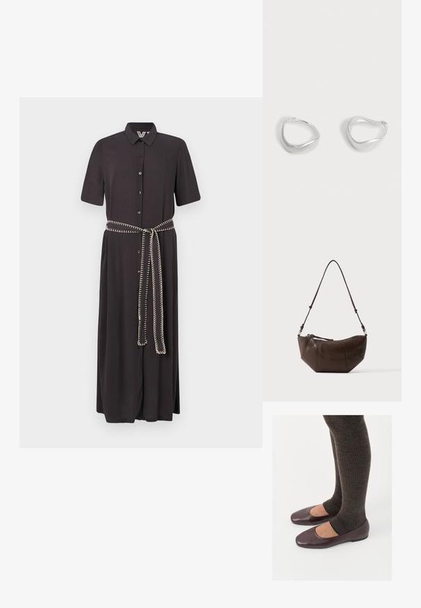 Robe noire à manches courtes, boutonnière à l'avant et ceinture assortie avec un détail de couture décoratif contrastant.; Ballerines en cuir verni bourgogne à bout carré, accompagnées de chaussettes en tricot côtelé marron foncé atteignant le molet.; Sac à bandoulière en cuir marron avec un fond incurvé et une sangle réglable sur un fond clair uni.; Paire de boucles d’oreilles créoles lisses couleur argent avec une forme triangulaire légèrement irrégulière sur un fond clair uni.