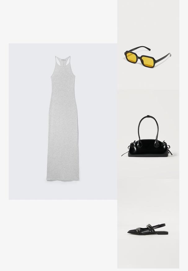 Robe longue gris clair, sans manches, coupe moulante avec style dos nageur et étiquette "WEEKDAY" à l'intérieur du col.; Even&Odd by Zalando Ballerines à brides arrière - black; Lunettes de soleil rectangulaires noires avec des verres jaunes. Les caractéristiques incluent des montures épaisses et un design anguleux avec une finition lisse et brillante.; Petit sac à main noir brillant avec deux longues anses et des détails à cordon sur les côtés sur un fond clair uni.