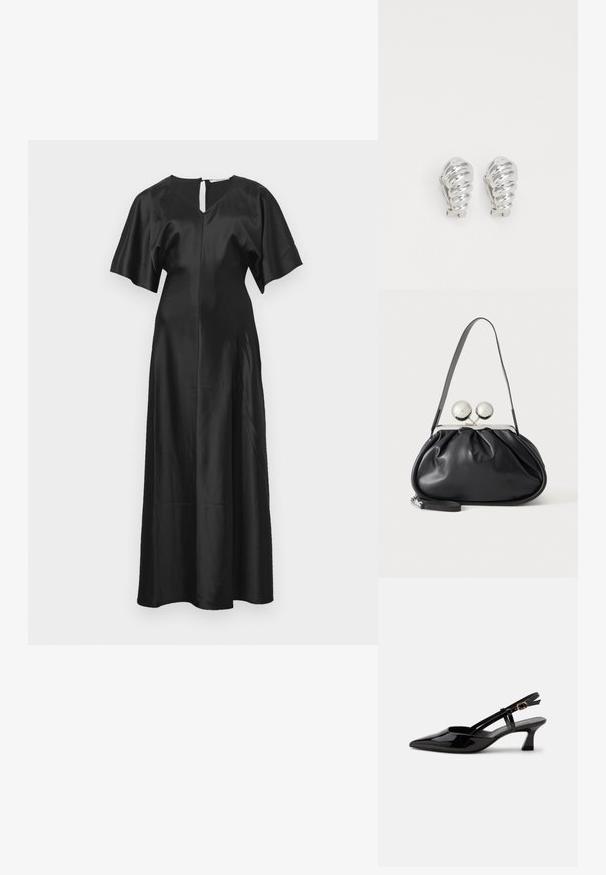 Zwarte satijnen jurk met een relaxte silhouet, korte vliegermouwen en een keyhole-opening op de rug; heeft een gladde, glanzende textuur.; Zwarte lakleren slingback kitten heel schoen met spitse neus en verstelbare gouden gespsluiting op een witte achtergrond.; Zwarte leren handtas met een geplooid ontwerp, een enkele schouderband, zilverkleurige metalen omlijsting en twee grote ronde zilveren sluitingen.; Zilveren clip-on oorbellen met een spiraalontwerp, voorzien van een gladde metallic textuur en ronde vormen. Geen zichtbare versieringen of patronen.