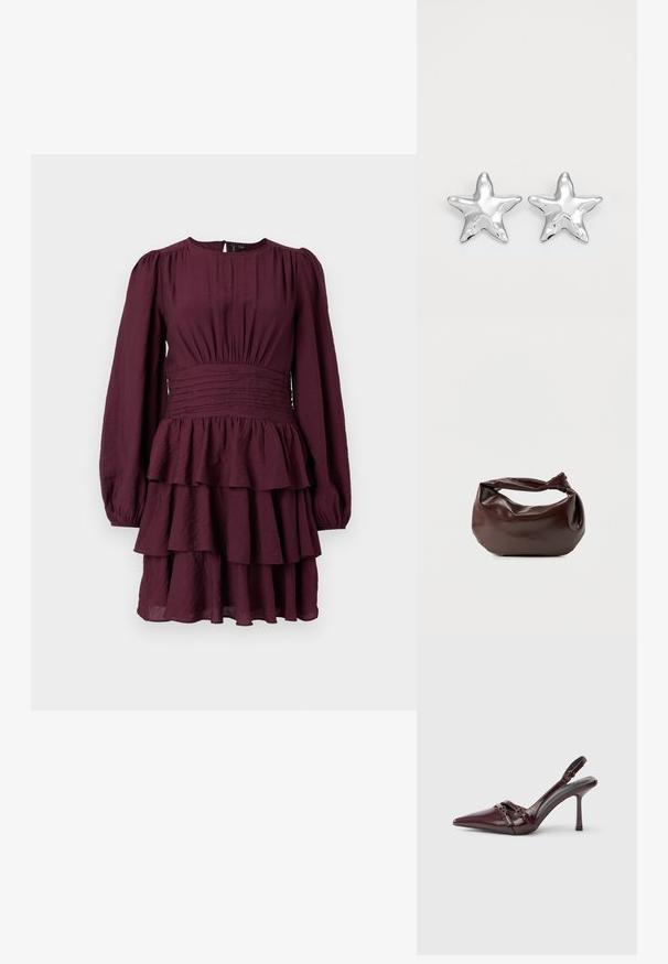 Bordeaux getailleerde jurk met lange pofmouwen, een smocktaille en een gestructureerde stof. Heeft ruches aan de zoom.; Bordeauxrode lakleren slingback met puntige neus, dunne enkelband en kleine decoratieve gespsluiting. Gladde textuur en hoge hak.; Donkerbruine leren schoudertas met een zachte, slungelige vorm en een gedraaide knoopvormige handgreep op een effen witte achtergrond.; Zilveren stervormige oorbellen met een gepolijste, glanzende afwerking. Elke oorbel heeft vijf punten en subtiele textuurdetails op het oppervlak.
