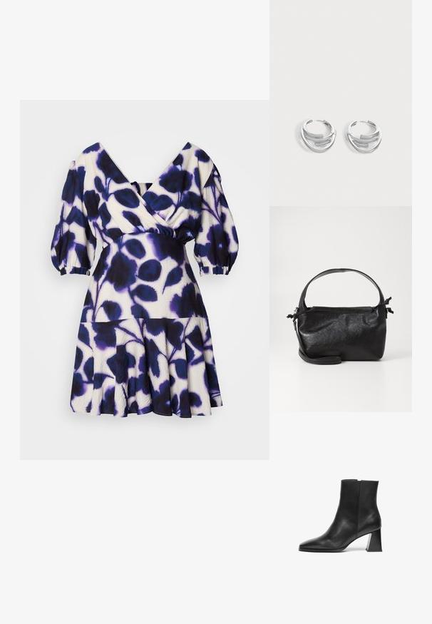 Robe à décolleté en V avec des manches bouffantes, présentant un motif floral en bleu profond et blanc, taille cintrée et jupe évasée. Tissu léger.; Bottine en cuir noir à bout pointu, avec un talon géométrique moyen et une texture lisse. Design simple sans quincaillerie visible ni accents.; Sac à main en cuir noir au design structuré, avec une poignée arrondie et une bandoulière amovible. Présente une texture lisse et un éclat subtil.; Paire de boucles d'oreilles anneaux en argent poli avec un design de barre incurvée superposée sur un fond clair uni.