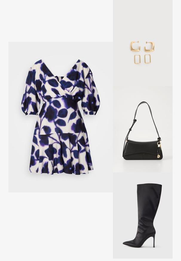 Robe à décolleté en V avec des manches bouffantes, présentant un motif floral en bleu profond et blanc, taille cintrée et jupe évasée. Tissu léger.; Botte noire haute jusqu'aux genoux en cuir verni lisse et élégant ; bout pointu ; ajustée avec un léger froncé près de la cheville ; talon brillant.; Sac à main en cuir noir avec un design courbé, une fine bandoulière, des ferrures en or et un accent tressé sur la sangle. Texture lisse.; Deux paires de Boucles d'oreilles créoles géométriques dorées sur une surface blanche unie, une paire carrée et pleine, une paire rectangulaire et creuse.