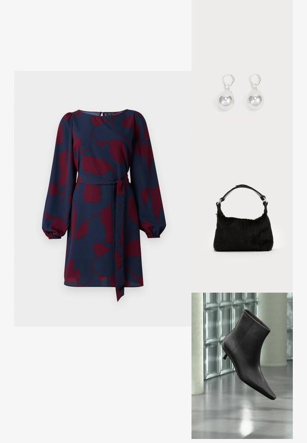 Marineblauwe jurk met een maroon abstract patroon, lange pofmouwen, een versmalde taille met een strik, en een ronde halslijn. Glad, lichtgewicht materiaal.; Zwarte leren enkellaars met puntige neus en lage hak, afgebeeld tegen een glazen blokkenmuur en gepolijste vloer op de achtergrond.; Zwarte neplederen handtas met een zachte textuur, ronde vorm en een stevige zwartleren schouderband. Zilveren hardwareaccenten zichtbaar.; Zilveren druppeloorbellen met gladde, ronde, reflecterende oppervlakken die hangen aan klapring-sluitingen. Achtergrond is puur wit.