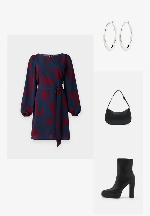 Marineblaues Kleid mit maroonfarbenem abstraktem Muster, langen Puffärmeln, tailliert mit einem Bindeband und rundem Ausschnitt. Glattes, leichtes Material.; Schwarzer Knöchelstiefel aus strukturiertem Leder, mit spitzer Zehenpartie, einer massiven Plateau-Sohle und einem hohen Blockabsatz. Glatte Oberfläche, minimalistische Details.; Pieces PCALUANA SHOULDER BAG - Handtasche - black; Silberne Creolen mit einer glatten, glänzenden Oberfläche. Kreisform, ausgestattet mit einem sicheren Verschluss. Einfaches und elegantes Design.