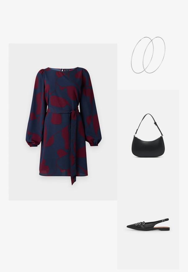 Vestido navy con patrón abstracto en color burdeos, mangas largas abullonadas, cintura ceñida con un lazo y escote redondo. Tejido suave y ligero.; Zapato plano slingback de cuero negro con puntera puntiaguda, que presenta dos correas horizontales y hebillas plateadas cuadradas, tacón bajo y textura suave.; Pieces PCALUANA SHOULDER BAG - Bolso de mano - black; Pendientes de aro plateados con un diseño minimalista. Forma circular, textura suave y perfil delgado. Livianos con un acabado pulido.