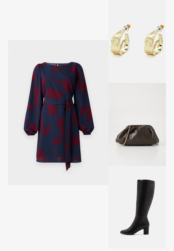 Marineblauwe jurk met een maroon abstract patroon, lange pofmouwen, een versmalde taille met een strik, en een ronde halslijn. Glad, lichtgewicht materiaal.; Anna Field by Zalando Laarzen - black; Bruine leren handtas met een geaccentueerd ontwerp, gouden kettinghengsel en een zachte, textuurafwerking. Compacte vorm geschikt voor avondgebruik.; Goudkleurige oorbellen in de vorm van abstracte handen, met een glanzend oppervlak, ingewikkelde details en een zilver- en goudkleurige post voor een veilige bevestiging.