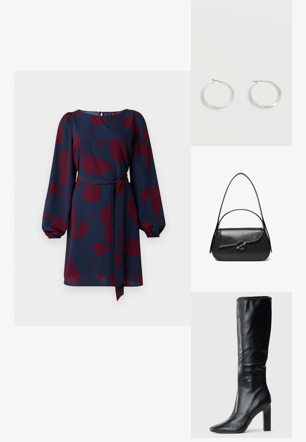 Vestido navy con patrón abstracto en color burdeos, mangas largas abullonadas, cintura ceñida con un lazo y escote redondo. Tejido suave y ligero.; Botas de cuero negras hasta la rodilla con un diseño elegante, punta afilada y tacón cuadrado alto, que presentan una textura suave y un borde superior cosido.; Bolso de hombro de cuero negro con una solapa curva asegurada por un broche metálico redondo y una correa delgada y ajustable.; Pendientes de aro de metal plateado con superficie lisa y ligeramente curvada y cierre de tipo mosquetón sobre un fondo blanco liso.