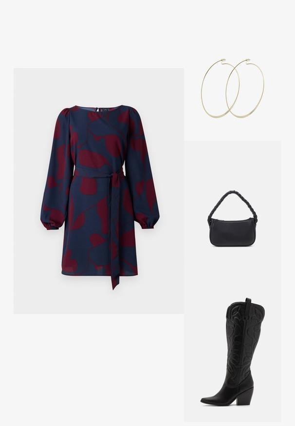 Vestido navy con patrón abstracto en color burdeos, mangas largas abullonadas, cintura ceñida con un lazo y escote redondo. Tejido suave y ligero.; Botas negras de cuero hasta la rodilla con punta puntiaguda y tacón apilado. Presentan costuras decorativas y elementos de diseño curvados.; Bolso negro de forma redondeada, hecho de material liso. Presenta un asa trenzada y un cierre de cremallera para un almacenamiento seguro.; Pilgrim Pendientes - gold-coloured