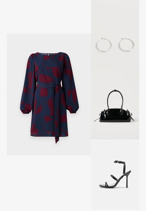 Tumesinine kleit maroon abstraktse mustriga, pikad puhv-sleeved, kitsenev vöökoht sidumisrihmaga ja ümmargune kaelus. Sile, kerge kangas.; Mustad nahast kõrge kontsaga sandaalid, millel on kolm horisontaalset rihma ja reguleeritav pahkluuri rihm. Sleek siluett ja läikiv viimistlus.; Väike must läikiv käekott kahe pika sangaga ja külgedel paelakinnitustega, ühel lihtsal helel taustal.; Hõbedased metallist rõngakujulised kõrvarõngad, millel on sile, kergelt kaarduv pind ja lukustuvad tagused kinnitused, valgel taustal.