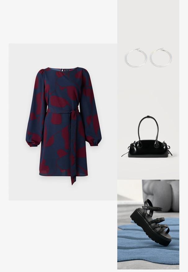Vestido navy con patrón abstracto en color burdeos, mangas largas abullonadas, cintura ceñida con un lazo y escote redondo. Tejido suave y ligero.; Sandalia de plataforma negra con tres correas ajustables con hebillas, colocada sobre una alfombra azul texturizada con fondo desenfocado.; Pequeño bolso negro brillante con dos asas largas y detalles de cordón lateral sobre un fondo claro liso.; Pareja de pendientes de aro plateados brillantes con cierres de alambre delgado, mostrados sobre un fondo gris claro.