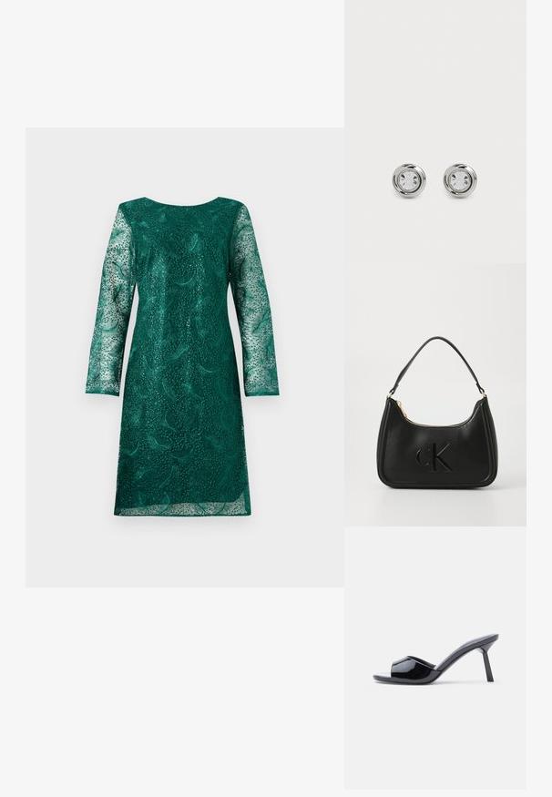Vestido verde de encaje con mangas largas y un escote redondeado. Presenta intrincados patrones florales y un corte ligeramente holgado.; Sandalias de tacón con punta abierta de charol negro, con un diseño superior curvado y tacón de aguja cónico. Acabado liso y brillante.; Bolso de mano de cuero negro con forma curva, que presenta una cremallera dorada y un sutil logo "cK" en relieve. Textura suave y un solo asa.; Pendientes de stud de metal plateado con cristales claros redondos, que presentan un acabado pulido suave y un diseño circular con bordes elevados sutiles.