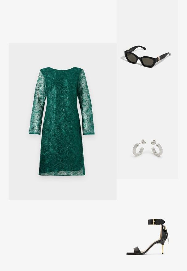 Vestido verde de encaje con mangas largas y un escote redondeado. Presenta intrincados patrones florales y un corte ligeramente holgado.; Sándal de tacón de cuero negro con punta cuadrada, correa en el tobillo con hebilla dorada y un tacón metálico esbelto. Textura suave, diseño minimalista.; Tommy Hilfiger Gafas de sol - black; Pendientes aros de metal plateado con un diseño texturizado, que cuentan con un pequeño respaldo de clip y una marca en uno de los aros. Forma redondeada con un acabado pulido.
