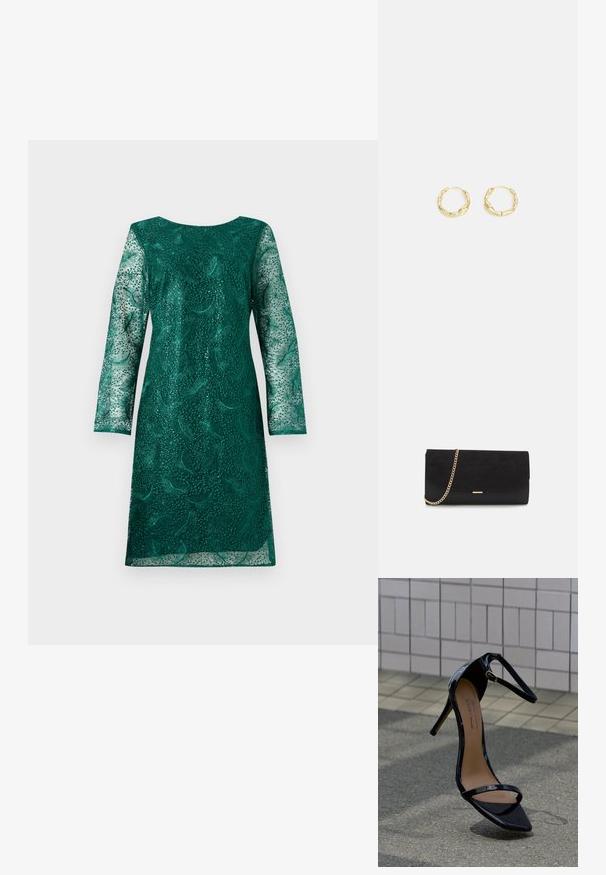 Grünes Spitzenkleid mit langen Ärmeln und rundem Ausschnitt. Verfügt über aufwendige Blumenmuster und einen leicht lockeren Schnitt.; Schwarze, hochhackige Sandale aus Lackleder mit Knöchelriemen, goldener Schnalle und spitzer Zehenpartie, auf einer gefliesten und asphaltierten Fläche aufrecht stehend.; Schwarze Clutch aus Wildleder mit strukturierter Oberfläche, ausgestattet mit einem goldenen Kettenriemen und einem eleganten, kantigen Design.; Goldene Creolen mit einer strukturierten, unregelmäßigen Oberfläche. Sie verfügen über ein leichtes Design und eine runde Form, die sich für den täglichen Gebrauch eignet.