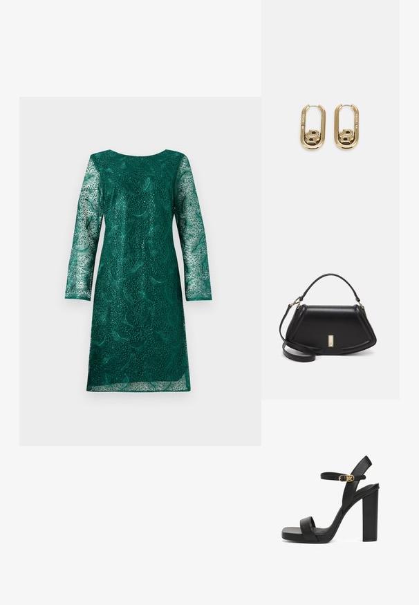 Robe en dentelle verte à manches longues et décolleté rond. Présente des motifs floraux complexes et une coupe légèrement ample.; Sandal à talons hauts noirs en cuir lisse, avec une large lanière à l'avant, une lanière de cheville avec une boucle dorée et un talon carré épais.; Sac à main en cuir noir avec un design structuré, featuring une forme cropped, une poignée supérieure et des accents en matériel doré. Bandoulière réglable incluse.; BOSS DOUBLE B SWING - Boucles d'oreilles - gold-coloured
