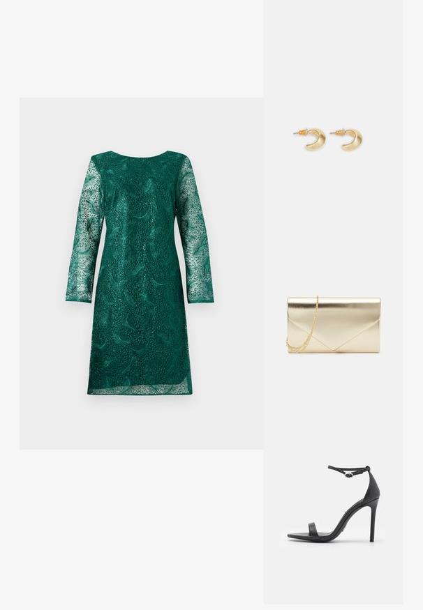 Vestido verde de encaje con mangas largas y un escote redondeado. Presenta intrincados patrones florales y un corte ligeramente holgado.; Sandalias de tacón alto negras con punta abierta, tiras delgadas y hebilla en el tobillo. Textura de cuero suave con un diseño de punta afilada.; Clutch de metal dorado con una forma rectangular elegante, que presenta un diseño de sobre y una correa de cadena dorada desmontable.; Pendientes en forma de media luna de oro con un acabado suave, que presentan acentos naranjas cerca del pasador y herrajes de plata.