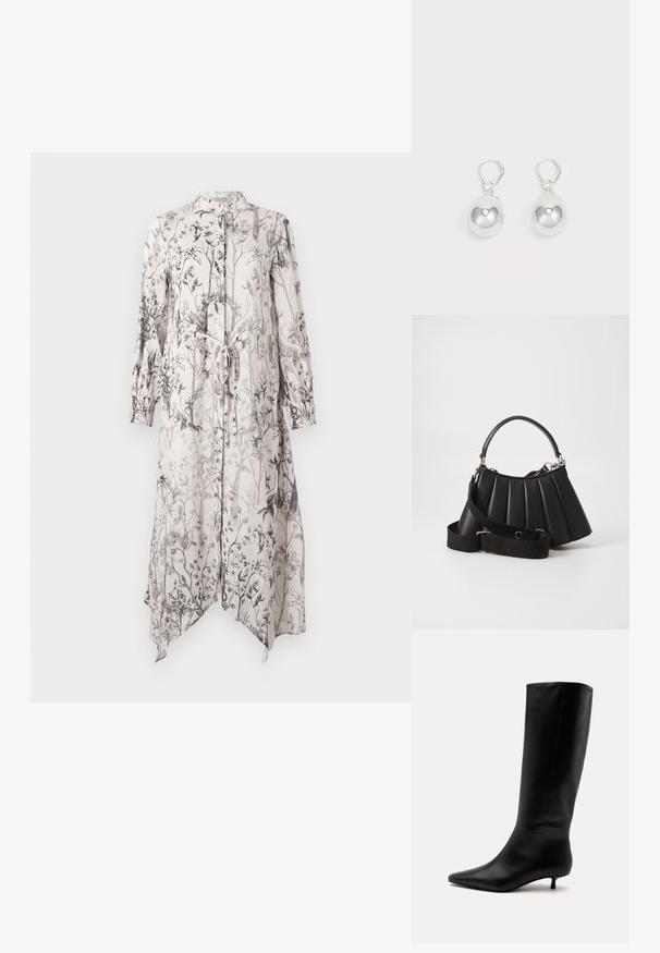 Un vestido largo y ligero con un estampado floral en tonos de negro sobre un fondo claro. Incluye un collar y detalle de lazo en la cintura.; Bota alta de cuero negro hasta la rodilla con puntera puntiaguda y tacón bajo tipo kitten sobre un fondo claro y liso.; Bolso de mano negro con pliegues, manejo redondeado, correa ajustable y textura brillante. Presenta herrajes plateados y una silueta estructurada.; Pendientes de plata en forma de gota con superficies redondas y reflectantes colgando de cierres de palanca. El fondo es blanco liso.