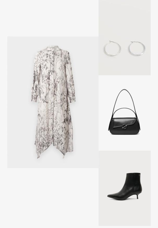 Un vestido largo y ligero con un estampado floral en tonos de negro sobre un fondo claro. Incluye un collar y detalle de lazo en la cintura.; Botín de piel negra con puntera puntiaguda y tacón bajo estilo kitten sobre fondo claro, mostrando vista lateral exterior.; Bolso de hombro de cuero negro con una solapa curva asegurada por un broche metálico redondo y una correa delgada y ajustable.; Pendientes de aro de metal plateado con superficie lisa y ligeramente curvada y cierre de tipo mosquetón sobre un fondo blanco liso.