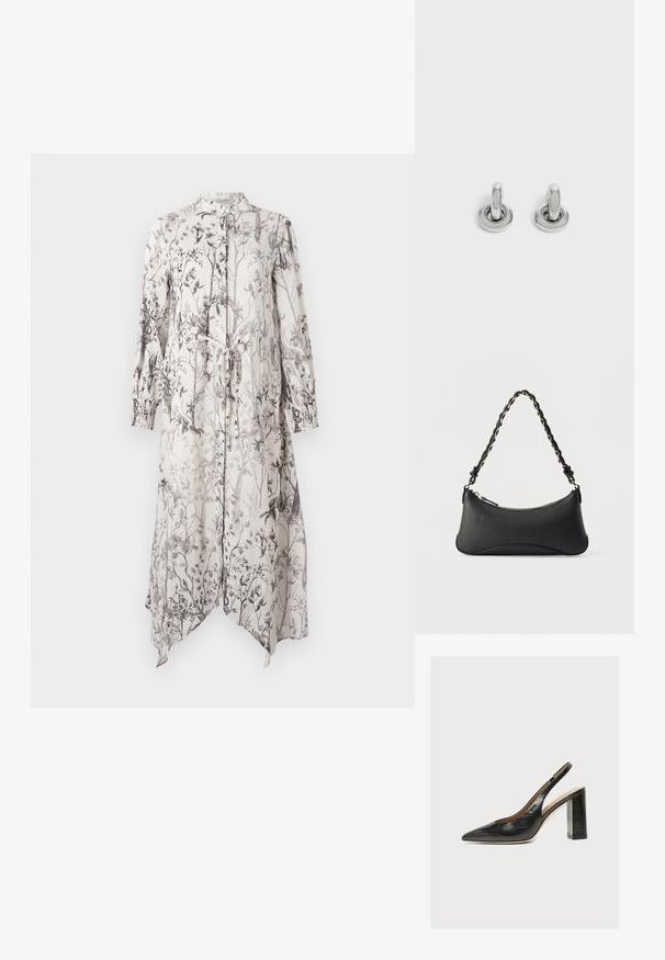 Un vestido largo y ligero con un estampado floral en tonos de negro sobre un fondo claro. Incluye un collar y detalle de lazo en la cintura.; Zapato de mujer slingback de piel negra con puntera puntiaguda y tacón alto grueso de bloque sobre fondo blanco.; Bolso de hombro de cuero negro con forma rectangular curvada, cadena dorada entrelazada en una correa negra trenzada y cierre superior con cremallera.; Par de pequeños pendientes de aro plateados brillantes con base redonda, exhibidos sobre un fondo claro y liso.