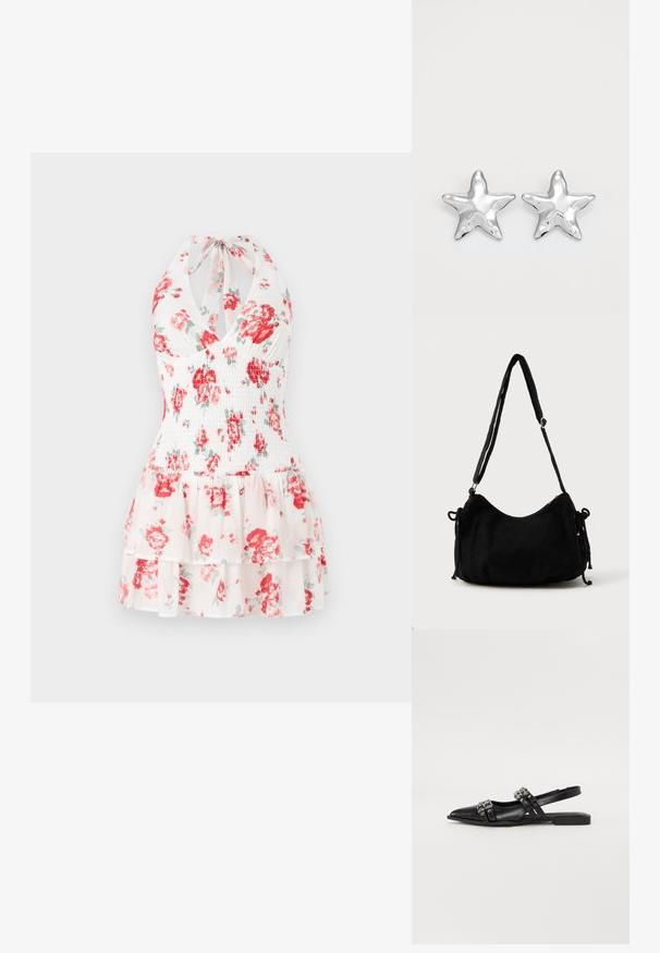 Bloemen halterjurk met een witte stof met rode en groene bloemenpatronen, smock-bodice en gelaagd gerimpeld zoom.; Even&Odd Slingback ballerina´s - black; Zwarte corduroy schoudertas met een gebogen vorm, een verstelbare schouderband en trekkoordsluitingen aan beide zijkanten voor maataanpassing.; Zilveren stervormige oorbellen met een gepolijste, glanzende afwerking. Elke oorbel heeft vijf punten en subtiele textuurdetails op het oppervlak.