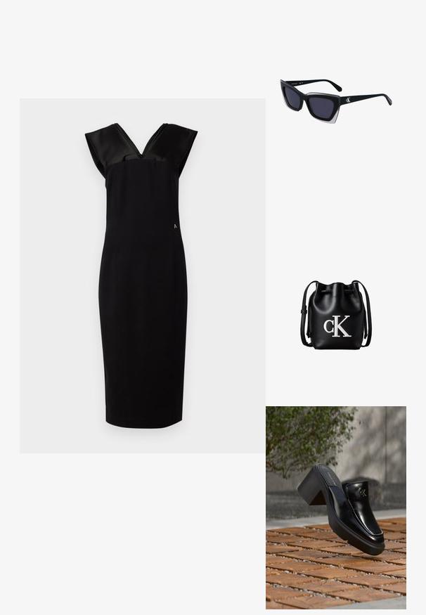 Sort kjole med en tætsiddende silhuet, cap-lignende satinsleeves, V-udskæring og diskret sidelinning. Glat stofstruktur, knælang.; Sort læder Calvin Klein slip-on mule med blokhæl, der hviler på trætøj udendørs nær en grøn plante og en grå væg.; Store sorte oversized solbriller med geometrisk form, med mørke linser og en kontrasterende grå detalje på stellet. Logo på armen.; Sort læder bucket taske med snørelukning på toppen og hvidt "cK" logo foran, med justerbar skulderrem.