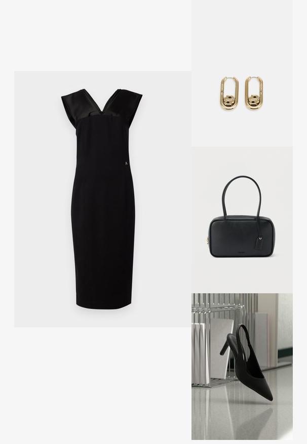 Sort kjole med en tætsiddende silhuet, cap-lignende satinsleeves, V-udskæring og diskret sidelinning. Glat stofstruktur, knælang.; Sort spids tå slingback højhælet sko svævende i luften over en skinnende gulv med stablede ringbind i baggrunden.; Sort rektangulær håndtaske med dobbelte runde håndtag, gylden lynlås og præget "HUGO"-logo foran med fastgjort lædermærke.; BOSS DOUBLE B SWING - Øreringe - gold-coloured
