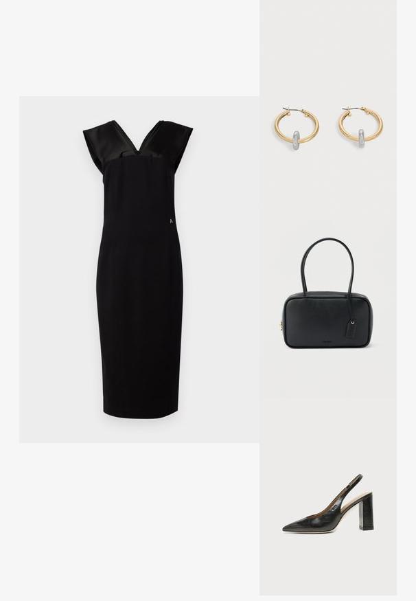 Vestido negro con una silueta ajustada, mangas de satén tipo capa, escote en V y un sutil detalle lateral. Tejido suave, de longitud hasta la rodilla.; Zapato slingback de piel negra con puntera puntiaguda, tacón alto y ancho, y forro interior beige sobre un fondo claro y liso.; Bolso rectangular negro con asas dobles redondeadas, cremallera dorada y logo "HUGO" en relieve en el frente con etiqueta de cuero adjunta.; Par de pendientes de aro en tono dorado con pequeño detalle de aro en tono plateado en cada uno, expuestos sobre un fondo gris claro.
