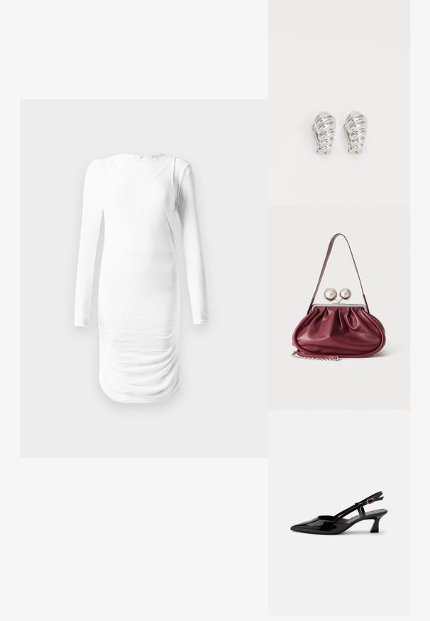 Robe blanche à manches longues en tissu lisse, avec un col rond et une texture froncée au niveau de la taille. Design simple et ajusté.; Chaussure slingback en cuir verni noir à petit talon, bout pointu et bride réglable avec boucle dorée sur fond blanc.; Petit sac à main en cuir bordeaux avec des détails froncés, une fine bandoulière et une fermeture argentée comportant deux gros boutons ronds.; Boucles d'oreilles en clip argentées avec un design en spirale, présentant une texture métallique lisse et des formes arrondies. Pas d'embellissements ou de motifs visibles.