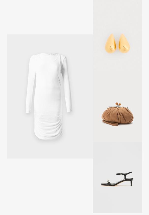 Robe blanche à manches longues en tissu lisse, avec un col rond et une texture froncée au niveau de la taille. Design simple et ajusté.; Sandale noire en cuir à talon avec bride à la cheville, bout ouvert, devant carré et accent en métal argenté. Design ajusté avec un profil élégant.; Petit sac pochette en daim marron doux avec tissu froncé, fermoir métallique, accents de perles en bois et bracelet pour poignet sur fond blanc.; Boucles d'oreilles en or en forme de goutte avec une surface lisse et polie et des fonds arrondis, reflétant la lumière avec une finition brillante.