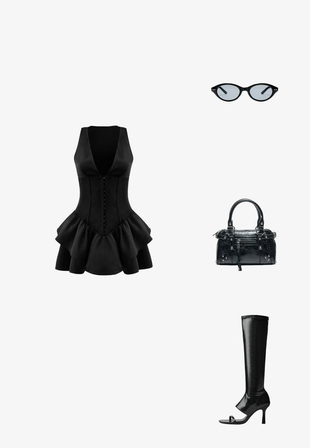 OW Collection AUGUSTA - Jerseykjole - black; Sort knæhøje støvler lavet af blank læder. Har åben tå, tynde stropper og stiletto hæl. Glat tekstur med minimale syningsdetaljer.; Sorte ovale solbriller med tynde stel og små gyldne prikker nær hængslerne med lettonede linser.; Sort læderhåndtaske med to håndtag, lomme foran med lynlås, sølvstifter og tekstureret overflade isoleret på hvid baggrund.