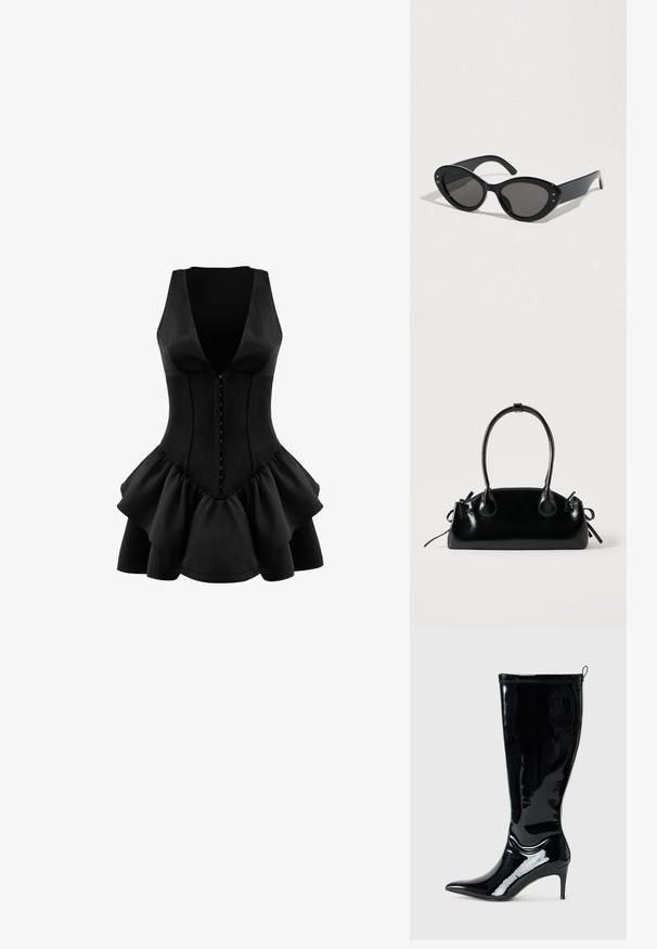 OW Collection AUGUSTA - Jerseykjole - black; Sort patentlæder knæhøj støvle med spids tå og slank høj hæl. Har en baglås og en glat, blank overflade.; Sorte solbriller med en stor cat-eye form. Glatte plaststel med mørke linser og små stjerne-accentsider.; Lille sort blank håndtaske med to lange håndtag og snøre-detaljer i siden på en ensfarvet lys baggrund.