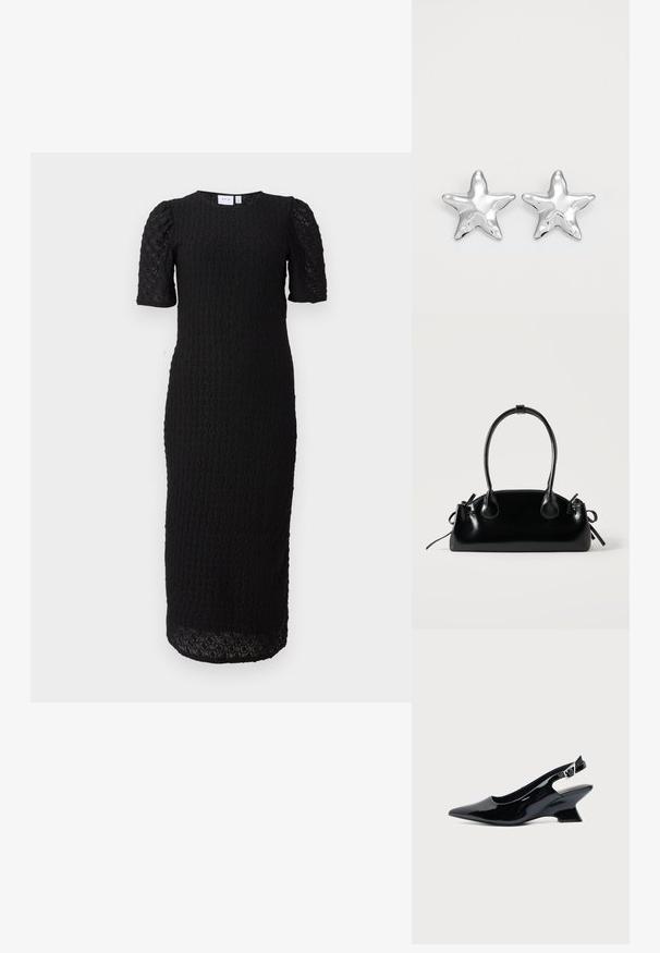 Sort midi-kjole med puffede korte ærmer og et cirkulært blondermønster hele vejen igennem, med rund halsudskæring og lige pasform.; Sort laklæder slingback sko med spids tå og lav vinklet blokhæl på ensartet lys baggrund.; Lille sort blank håndtaske med to lange håndtag og snøre-detaljer i siden på en ensfarvet lys baggrund.; Sølvstjernede øreringe med en poleret, blank overflade. Hver ørering har fem spidser og subtile teksturdetaljer på overfladen.