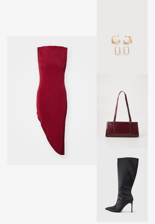 Κόκκινο, αμάνικο φόρεμα bodycon με εφαρμοστό κορσέ και ασύμμετρο τελείωμα. Μαλακό, λείο ύφασμα με ελαφριά λάμψη.; Μαύρο ψηλό μπότες στιλέτο μέχρι το γόνατο από λείο, γυαλιστερό υλικό· μυτερή μύτη· στενή εφαρμογή με διακριτική πιέτα κοντά στον αστράγαλο· γυαλιστερό τακούνι.; Μπορντό τσάντα ώμου από γυαλιστερό υλικό, ορθογώνιο σχήμα, με δύο ιμάντες ώμου και λεπτές καμπύλες λεπτομέρειες στο μπροστινό μέρος.; Δύο ζευγάρια χρυσούς γεωμετρικούς κρίκους σκουλαρίκια σε λευκή, απλή επιφάνεια, ένα ζευγάρι τετράγωνα και συμπαγή, ένα ζευγάρι ορθογώνια και κούφια.