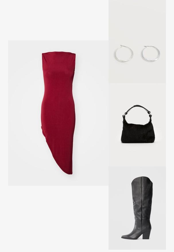 Červené, bezrukávové bodycon šaty s priliehavým korzetom a asymetrickým lemom. Mäkka, hladká tkanina s jemným leskom.; Čierne kožené vysoké čižmy po kolená s ostrou špičkou a masívnym opätkom. Dizajn sa vyznačuje hladkou textúrou a minimalistickými líniami.; Čierna kabelka z umelého kožušiny s jemnou textúrou, zaobleným tvarom a pevným čiernym koženým ramenným popruhom. Viditeľné akcenty zo strieborného kovu.; Strieborné kovové kruhové náušnice s hladkým, mierne zakriveným povrchom a zapínaním na poistku na jednoduchom bielom pozadí.
